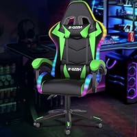 Bigzzia Gaming Chair with RGB LED Lights, High Back Ergonomic Computer Gamer Chair with Headrest and Lumbar Support, Racing Style Reclining Game Chair for Adults, Kids (Black/Green)