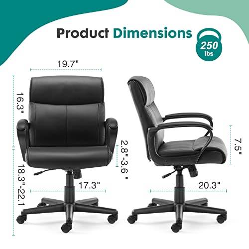 Image of OLIXIS Executive Padded Mid-Back Home Office Desk Chair with Armrest, Adjustable Height Computer Chairs, 360-Degree Swivel, Leather, 250Lbs Capacity