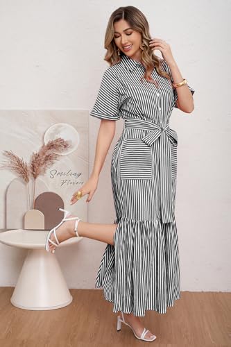 Image of utcoco Women's 2026 Summer Casual Striped Button Down Maxi Dress Tie Waist Short Sleeve Shirt Dress with Pockets