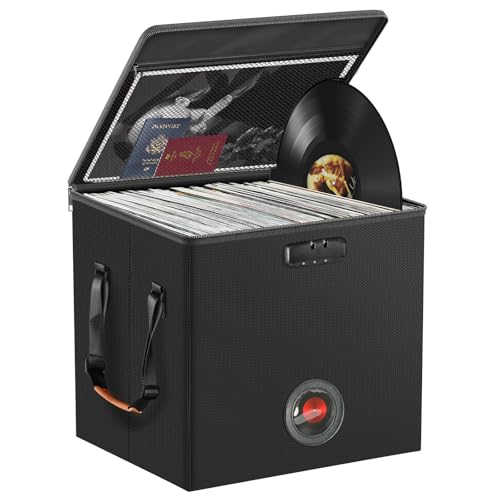 REIRQIE Vinyl Record Storage Box with Lock&Label,Fireproof&Water Resistant LP Record Storage Crate for 100+ Single Records,Collapsible Vinyl Record Case with Lid&Handles for Valuable Album Collection
