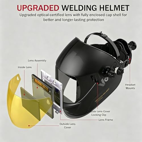 Image of Large View True Color Auto Darkening Welding Helmet with LED Light - Solar Powered, 4 Arc Sensors, 1 /1 /1 /1 Optical Clarity, Wide Shade 4 /5-13 for TIG MIG ARC Grind