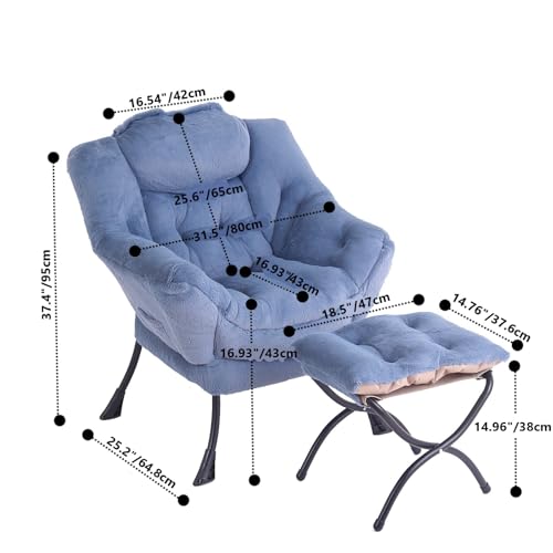 Image of Tiita Lazy Chair with Ottoman, Blue Modern Large Accent Armchair, Comfy Leisure Sofa Reading Chair with Footrest for Bedroom, Living Room, Dorm Rooms, Garden, Plush Light Blue