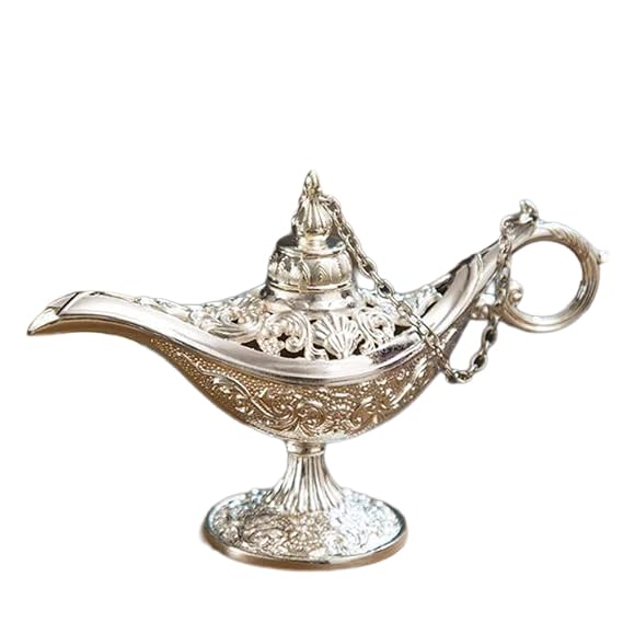 VOANZO Metal esculpido Aladdin Magic Vintage Home Tea Oil Pot Arabian Art Craft Gift Rare retro Legend Color Aladdin Genie Light (prata)