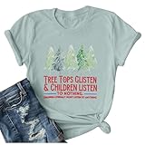 Picture of Teacher Christmas Shirt Women Tree Tops Glisten Children Listen Bleached Tee Cute Tree Graphic Teacher Gift Shirts Gray Green