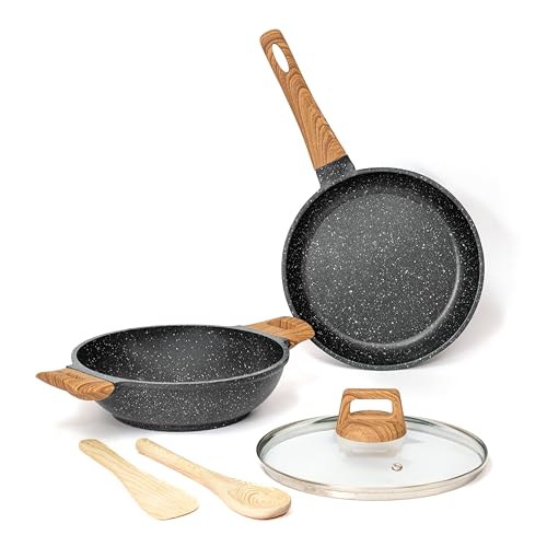 Image of Kreme CeraStone Ultra Granite Nonstick Cookware Set 5 Pieces, Frying Pan 1.7L, Kadai 2.5L, Glass Lid and Wooden Cooking Spoons, PFOA Free, Induction Compatible, Made in India, Black