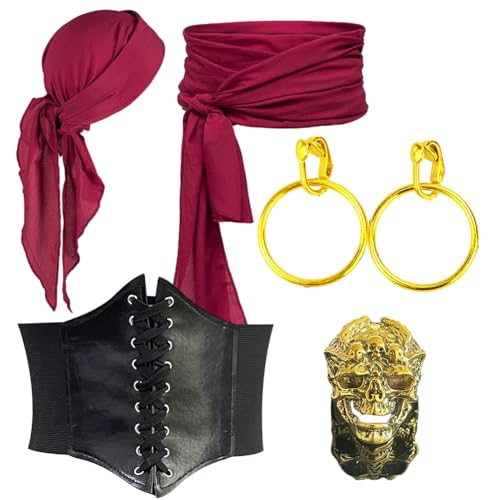 GlibberToy Medieval Pirate Costume Accessory Set for Women and Men, Head Scarf, Corset, with Gold Earrings and Gold Skull Ring, Pirate Costume Accessories for Carnival, Halloween, Cosplay, Party