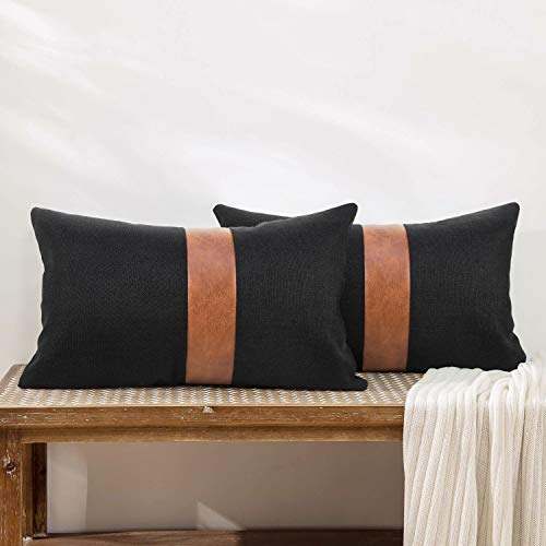 Cygnus Set Of 2 Black Linen Patchwork Faux Leather Throw Lumbar Pillow Covers For Couch Living Room Bedroom,Modern Accent Decor Lumbar Covers 12X20 Inch, Brown And Black #TOP2