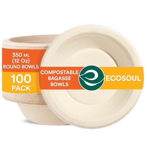 ECO SOUL 100% Kompostierbare 350 ml Suppenschalen – 100 Stück | Biologisch abbaubare Einweg-Schalen aus Bagasse | Schwer belastbar | Umweltfreundlich & Mikrowellengeeignet