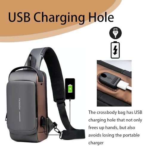 Travel Sling Bag Waterproof Crossbody Bag with Combination Lock Anti-Theft PU Leather Chest Bag with USB Charging Hole Shoulder Backpack Motorcycle Bags Grey4