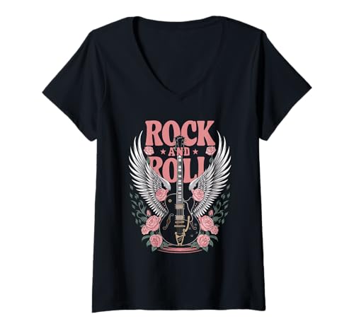 Femme Guitare Rock and Roll Vintage Rock Femme Musique T-Shirt avec Col en V