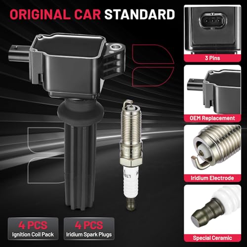 Image of BDFHYK Ignition Coil Pack UF670 and Iridium Spark Plugs LTR6BHX Compatible with Ford Edge Escape Explorer Focus Fusion Mustang Lincoln MKC MKT MKZ Jaguar XF Land Rover LR2 2.0L 2.3L L4 EV Set of 4
