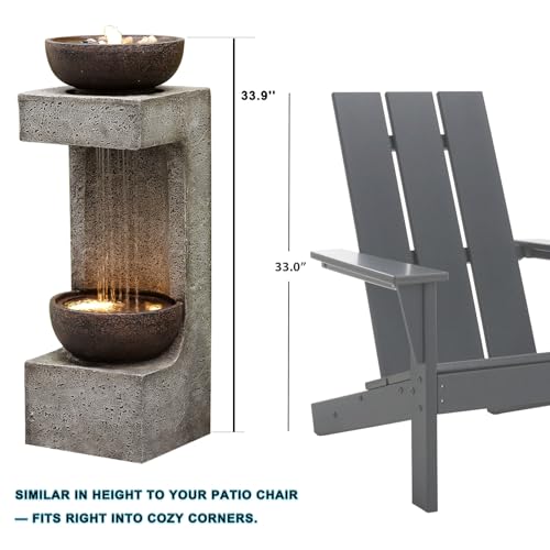 33.9" Waterfall Fountain Outdoor with LED Lights – Modern Rain Curtain Resin Garden Waterfall and Fountains, Bowl Design Outdoor Water Feature for Patio, Porch, Backyard, Lawn & Home Decor