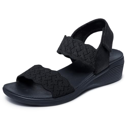 Image of Skechers Women's Arya - on the Rise | Luxe Foam Cushioned Footbed, Scalloped Knit Upper, Machine Washable, Vegan, Adjustable Backstrap, Low 1.25 inch Wedge