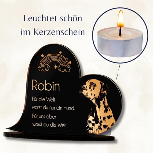 Gedenkstandbild Gedenktafel mit Gravur Fotogravur Grabstein Tiere | Herz liegend in 2 Größen Grabschmuck graviert für Haustiere wie Hund Katze & Co. Grabplatte | Im Kerzenschein schön leuchtend