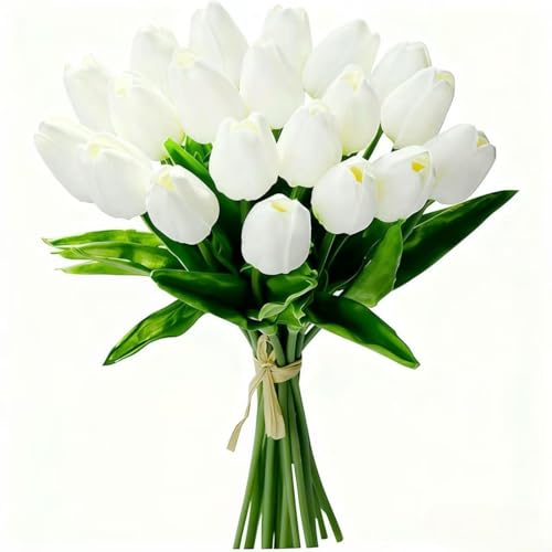 HLILai 20Pcs Fake Tulips Artificial Flowers Real Touch 13.5 PU Faux Flowers Tulip Stems for Wedding Spring Bouquet Floral Arrangement Home Party Office Decorations for Mothers Day (White)