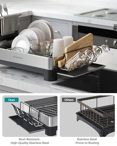 Image of SONGMICS Dish Drying Rack, Stainless Steel, Extendable Spout | Dish Drainers for Kitchen Counter, Fingerprint-Resistant, 12.4 x 23.1 In, Ink Silver and Black, PAXTON Collection UKCS030B01