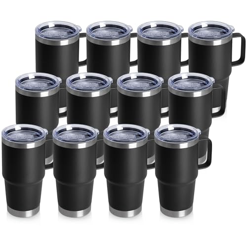 20oz Tumbler Bulk with Lid, Stainless Steel Tumbler Bulk with Handle, Metal Insulated Travel Coffee Mug Set with Handle, Double Wall Vacuum Leak Proof Tumbler Cup, Black 12 Pack