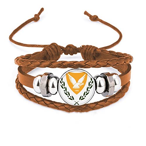 Bracelet en cuir Chypre avec emblème national en acier inoxydable brossé