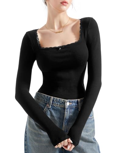 SUUKSESS Women Square Neck Ribbed Long Sleeve Shirts Lace Trim Y2k Crop Top