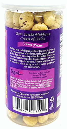 Image of Rani Jumbo Phool Makhana (Fox Nut /Popped Lotus Seed) Cream & Onion Flavor 2.29oz (65g) Vacuum Sealed, Easy Open Top, Resealable Container ~ Indian Tasty Treats | Vegan | NON-GMO | Indian Origin
