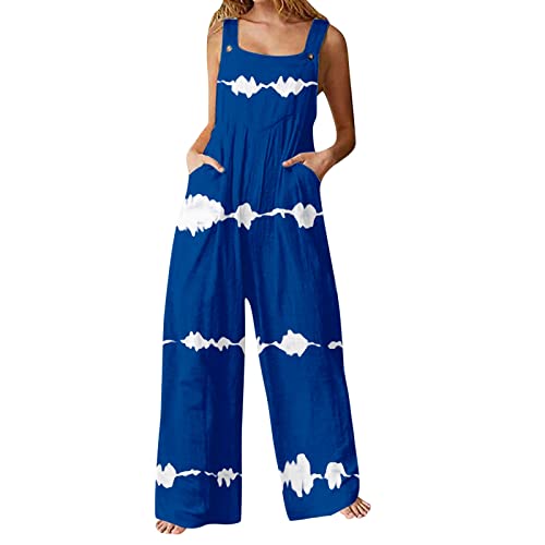 Hanaturu Peto Mujer Verano Casual Holgado Sin Mangas Estampado Floral Boho Pierna Ancha Mono de Dos Bolsillos, 04-azul, L
