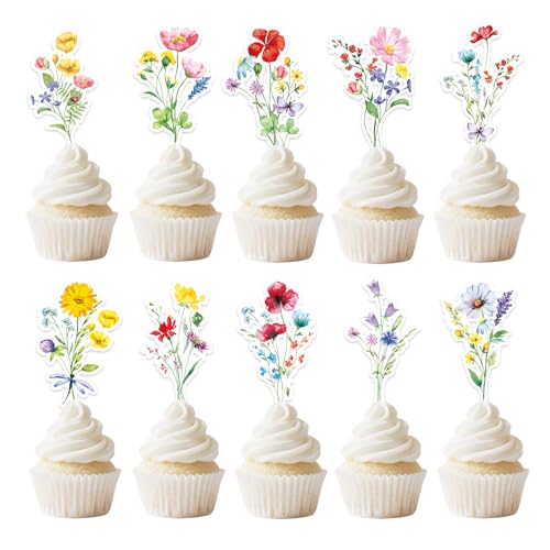 80PCS Flower Birthday Cupcake Toppers Little Wildflower Cup Cake Toppers