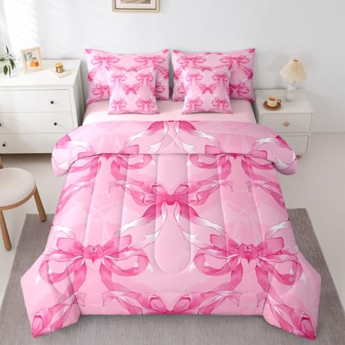 Image of Pink Bow Full Size Bed Sheets and Comforter Set | Cute Ribbon Bowknot 7 Piece Bedding Set Princess Bow Bed in a Bag, Kawaii Bow Tie Room Decor,Light Pink Room Decor Aesthetic