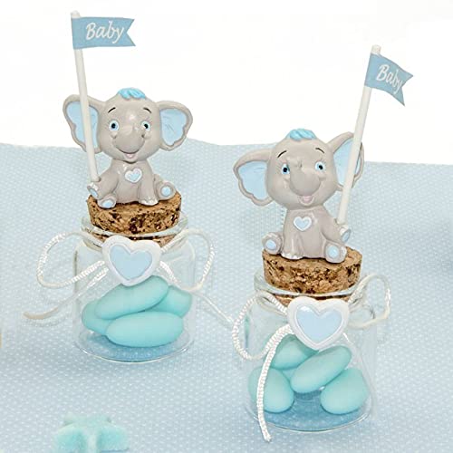 Ingrosso e Risparmio Pot à dragées avec éléphant bleu ciel, drapeau, nœud et cœur, bonbonnière de naissance, baptême garçon (sans emballage) Cover