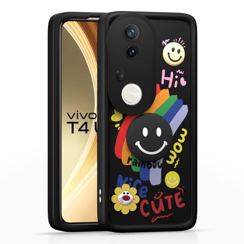 Image of Pikkme Back Cover for Vivo T4 Ultra 5G | Soft Silicone| Cute Rainbow Smile & 3D Cartoon Flower Design | Shockproof Raised Camera Protection Bumper Case (Black)