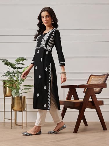 Image of Ada Women's Cotton Straight Fit Tunic Hand Embroidered Straight Lucknow Chikankari Kurta Kurti A411435