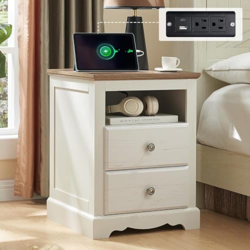 Image of AMERLIFE 3 Piece Bedroom Set, Including Farmhouse Queen Size Bed Frame with 4 Drawers, Nightstands Set of 2 with Charging Station for Bedroom, White