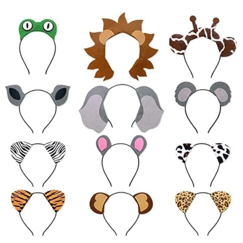 12pcs Jungle Animal Safari Headbands with Animal Hair Hoops - Photo Booth Props Party Favors and Decorations for Kids and Adults