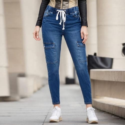 Straight Leg Jeans for Women Drawstring Elastic Waist Pull On Jeans Stretchy Boyfriend Baggy Cropped Denim Joggers4