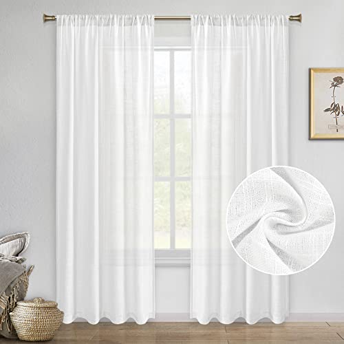 Dwcn White Faux Linen Sheer Curtains - Rod Pocket Textured Semi Transparent Voile Bedroom And Living Room Window Curtains, Set Of 2 Panels, 52 X 84 Inches Long #TOP27