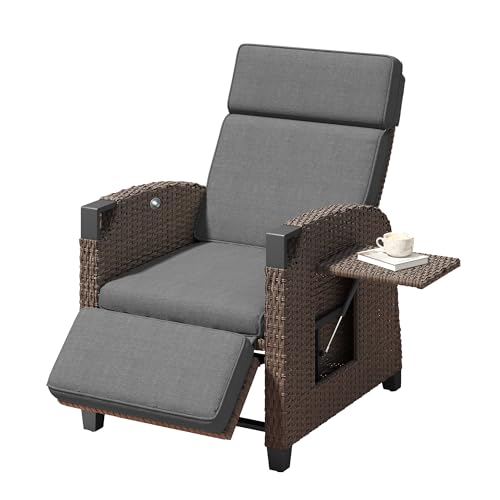 Amopatio Relaxliege Liegesessel, Rattan Sonnenliege mit Verstellbar Rückenlehne und Klapptisch, Outdoor Gartensessel wetterfestes, für Terrasse, Garten, Balkon – Grau & Braun