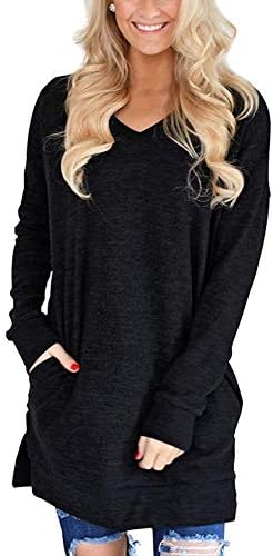 LERUCCI Womens Casual Long Sleeves Solid V-Neck Tunics Sweatshirt with Pockets Black Large