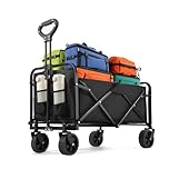 Pasamic Collapsible Wagon 380 lbs, Heavy Duty Wagon Carts Foldable, Portable Wagons for Groceries, Beach Cart with All-Terrain Wheels & Drink Holders, Utility Wagon for Shopping, Camping, Black