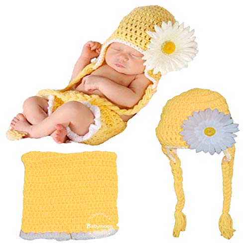 Image of BabyMoon (Set of 2 Sunflower Shorts & Cap Soft Knitted Crochet New Born Baby Photography Photoshoot Props Costume|Yellow