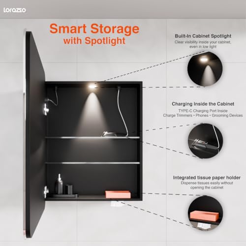 Image of Lorazzo Smart LED Mirror Cabinet - 30x24 in | 3 Colour LED Bathroom Mirror (Warm, Cool & White) | Anti-Fog Mirror with Defogger | Matte Black Mirror Cabinet with Storage | 5-Year Warranty