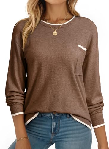 Dokotoo Womens Sweaters Casual Crewneck Long Sleeve Pullover Sweater Jumper Tops with Chest Pocket