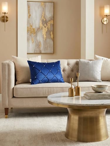 Image of Home - The Best is for You Luxurious Blue Velvet Lumber Cushion Covers with MOTIWORK - Set of 2, 12x18 Inch