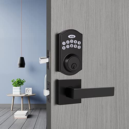 Probrico Electronic Keypad Deadbolt Door Lock With Passage Door Lever, Keyless Entry Smart Deadbolt With Camelot Trim, Auto Lock Single Cylinder Deadbolt, Black #TOP7
