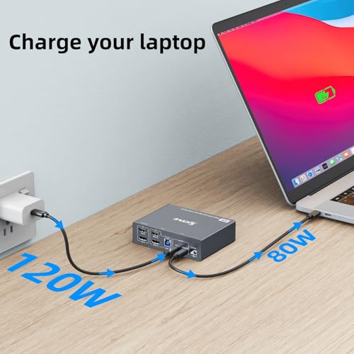 Image of USB C KVM Switch 2 Monitors 1 Laptop 1 Desktop 4K@60Hz, HDMI Dual Monitor KVM Switch 2 Computers Share 2 Monitors and 4 USB3.0 Ports, 80W PD Charging, Wired Remote,USB-C Cable and 12V Adapter Included
