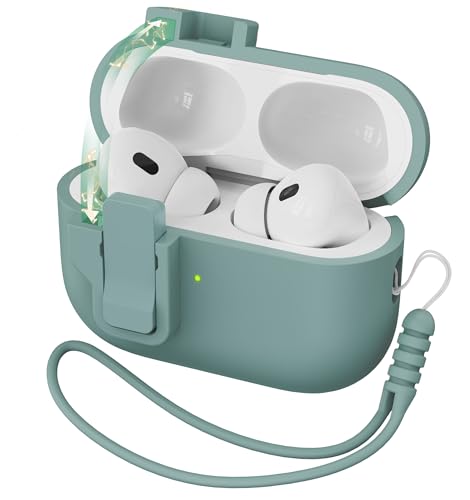 MHYALUDO Kompatybilny z pokrowcem AirPods Pro 2nd Generation Case Cover, Płynna guma silikonowa Auto Pop-Up Klasa militarna Anti-Upadek Miękka sylikonowa dla AirPods Pro,Przednia LED, Sosnowa zieleń