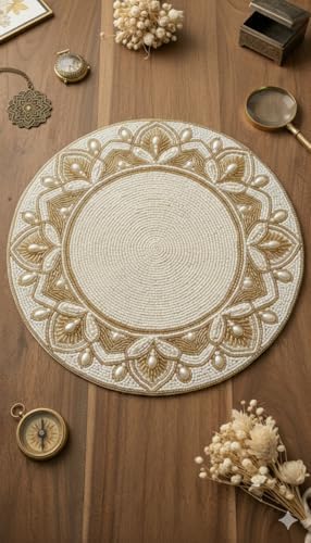Set of 2 Handmade Beaded Placemats, 14x14 inch Round Table Mats with Intricate Gold and White Beadwork, Luxury Decorative Charger for Dining Table, Wedding Centerpiece, Housewarming Gift. image 2