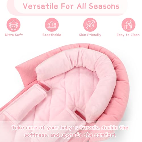 Image of Pea Pod Baby Car Seat Head Body Support & Strap Covers, 2 in 1 Infant Car Seat Insert, Reversible Soft Breathable Newborn Cushion Pads for Preemie, Perfect for Baby Carseats, Strollers, Swings (Pink)