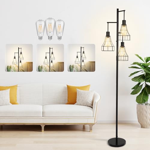 Dimmable Floor Lamp,70&rsquo;&rsquo; Farmhouse Rustic Standing Tree Lamp with 3 LED Edison Bulbs,Industrial...