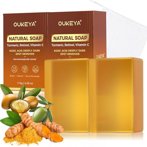 OUKEYA Jabón de Ácido Kójico & Cúrcuma para Cara & Cuerpo, Eliminador Manchas Oscuras, Atenúa Cicatrices & Marcas, Iluminador & Hidratante con Vitamina C, Retinol, Manteca de Karité, con Red (2 PCS)