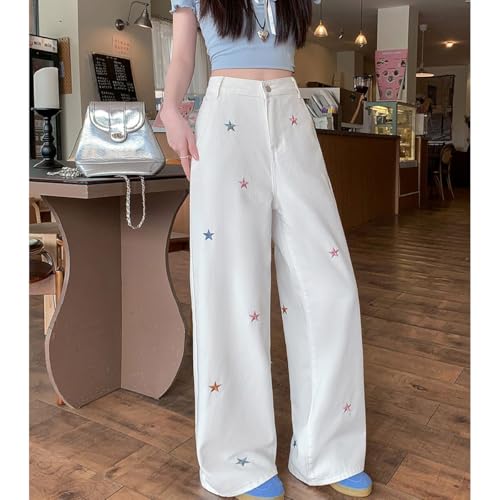 Women's Kawaii Casual Straight Leg High Waisted Jeans Y2K Fashion Cute Colorful Star Embroidered Denim Pants3