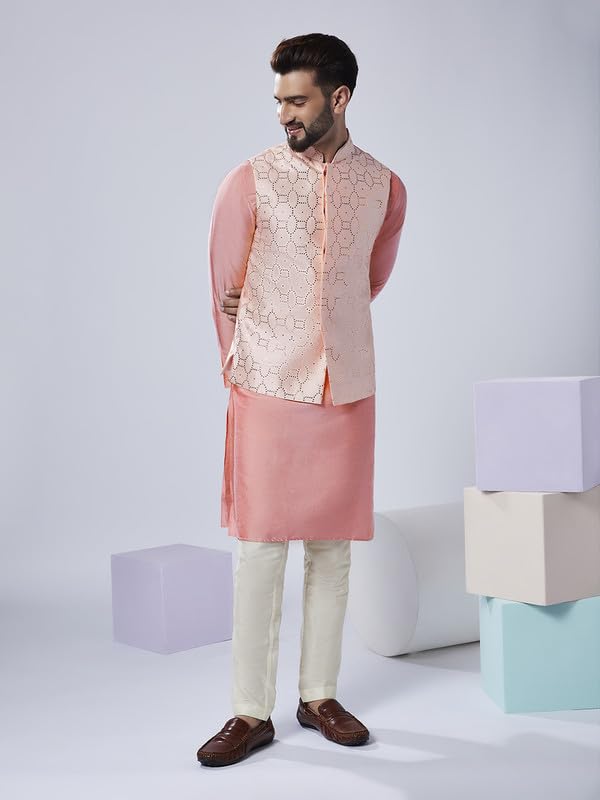 Image of KISAH Men Printed Kurta Jacket Set, Full Sleaves, Knee Length, Straight, Regular Fit, Mandarin Collar Ethnic Wear